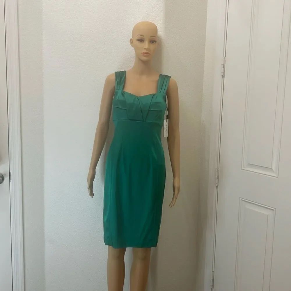Calvin Klein Kelly Emerald Green Dress Sz 2 Pleat Front Sleeveless Midi Slimming